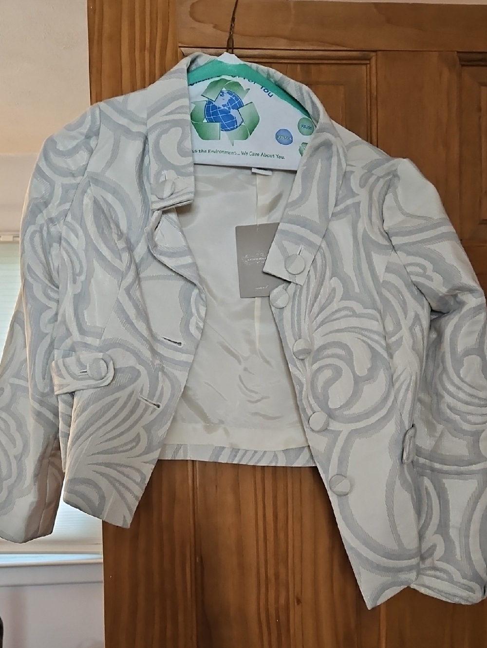 Tabitha Cropped Swirl Embroidered Jacket - Light Gray & White